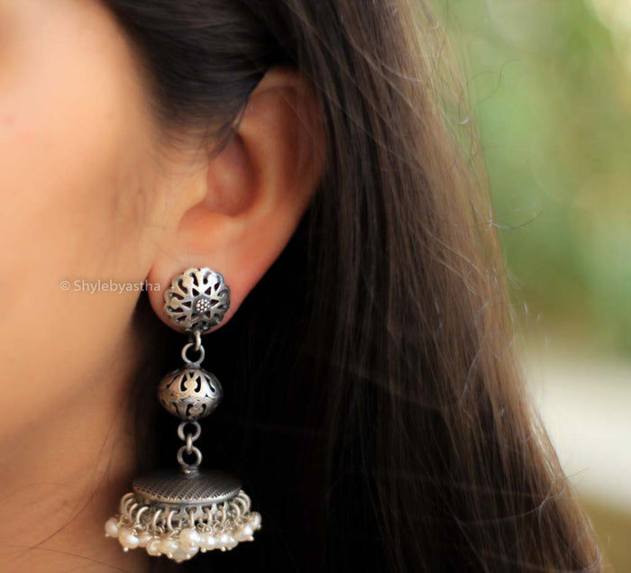 Anvaya Carved Pearl Drop Jhumka