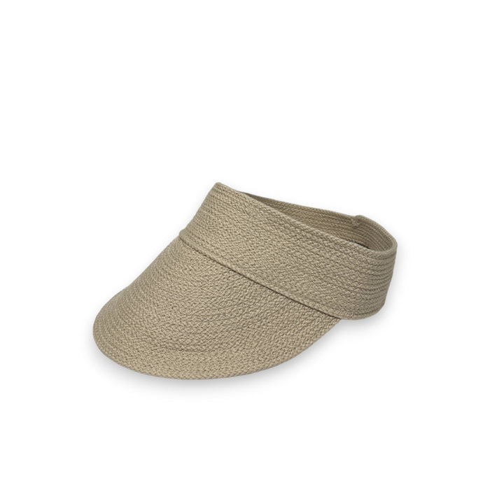 A woman with long, light brown hair wears the BEACH HARE - JUNIE VISOR by BEACH HARE and a mauve sleeveless top, looking to her right against a plain light background. The visor is handmade in NY.