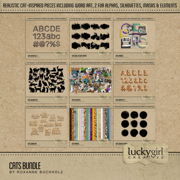 Have fun documenting your favorite cats with these fun, realistic digital art embellishments, papers, word art, frames, alpha sets, masks, and kitty silhouettes by Lucky Girl Creative. Elements include many breeds of kitty cats in addition to all the pet toys, beds, grooming tools, and food they need.