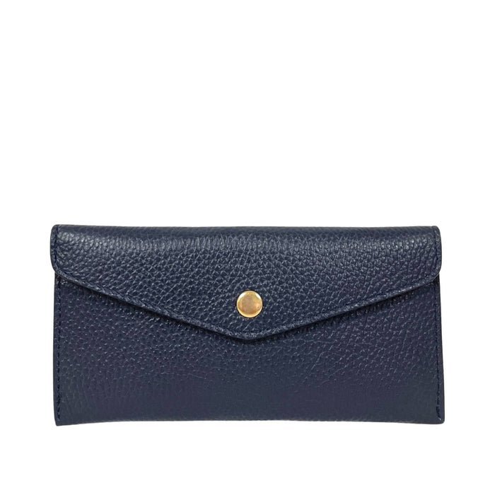 The LE BORSETTE LEATHER ENVELOPE STYLE WALLET features navy blue textured Italian leather and a gold snap button, shown against a plain white background.