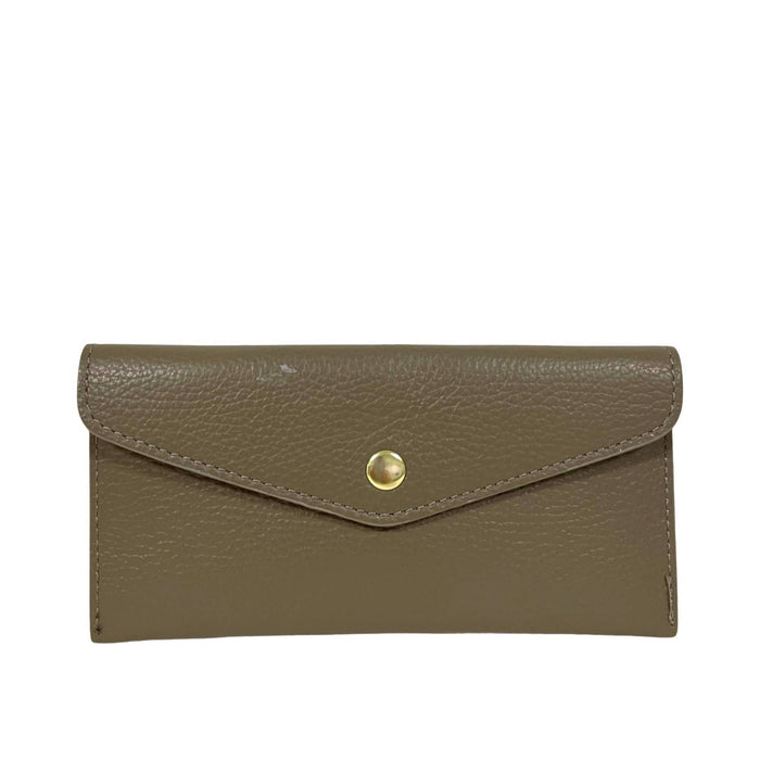 The LE BORSETTE LEATHER ENVELOPE STYLE WALLET features brown textured Italian leather and a flap closure with a single gold button, shown against a plain white background.
