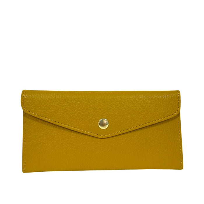 The LE BORSETTE LEATHER ENVELOPE STYLE WALLET in textured yellow leather features a front flap with a gold snap button, shown on a white background—an elegant accessory for any occasion.