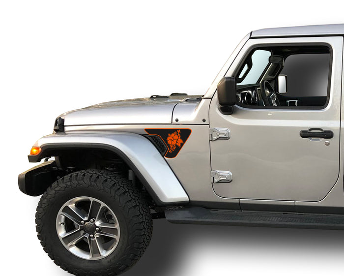 2 Color Hibiscus 2 Fender Vent Inlays Fits: 2018 & up Jeep Wrangler JL JT Sport MOAB Sahara Altitude Rubicon