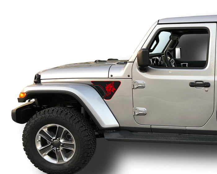 2 Color Hibiscus 2 Fender Vent Inlays Fits: 2018 & up Jeep Wrangler JL JT Sport MOAB Sahara Altitude Rubicon