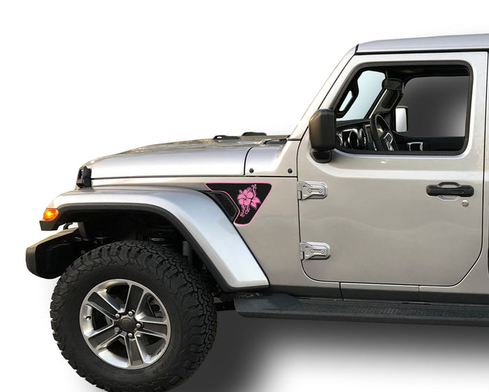 2 Color Hibiscus 2 Fender Vent Inlays Fits: 2018 & up Jeep Wrangler JL JT Sport MOAB Sahara Altitude Rubicon
