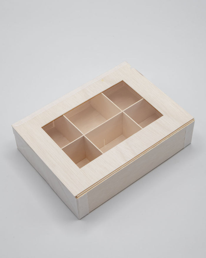 8"x11"x3" Vento Balsa Wood Collapsible Box with Attached Window Lid and 3 Dividers