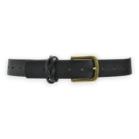 The ADA - TOUGH GUY BELT by ADA is a black handmade genuine Argentinian leather belt with a brass square buckle and multiple adjustment holes, featuring a classic design ideal for casual jeans. Shown laid flat on a white background.