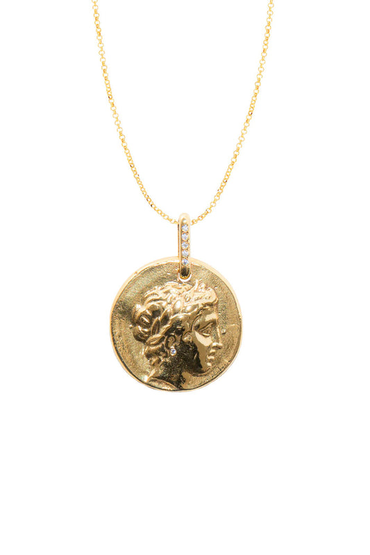 Gold coin necklace featuring the Greek God Apollo with a gemstone earring and gold chain necklace - jewelry made in Greece.