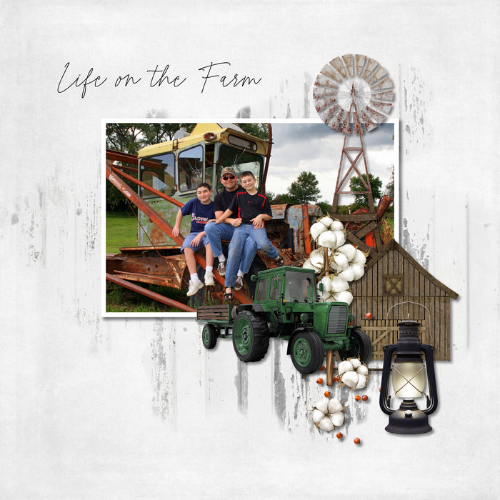 The Around the Farm Mega Bundle by Lucky Girl Creative explores life around the farm, barn, and garden. With modern agriculture machinery and tractor equipment, barnyard animals, crops, feed and seed, garden vegetables, and vintage farm elements, this digital scrapbooking collection will showcase your farm photos in authentic style. Also great for documenting farm field trip visits, 4H projects, or state and county fairs.