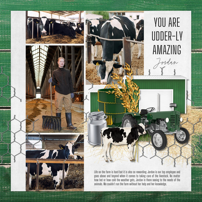 The Around the Farm Mega Bundle by Lucky Girl Creative explores life around the farm, barn, and garden. With modern agriculture machinery and tractor equipment, barnyard animals, crops, feed and seed, garden vegetables, and vintage farm elements, this digital scrapbooking collection will showcase your farm photos in authentic style. Also great for documenting farm field trip visits, 4H projects, or state and county fairs.