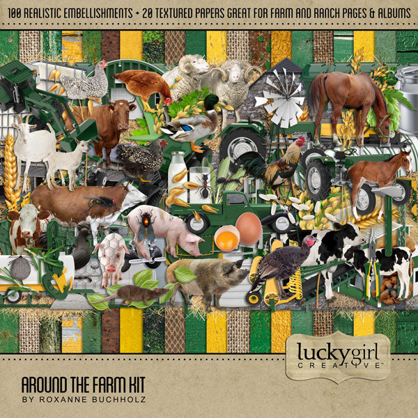 The Around the Farm Kit by Lucky Girl Creative explores life around the farm, barn, fields and garden.  With modern agriculture machinery and tractor equipment, barnyard animals, and other realistic farm and ranch elements, this collection will showcase your farm photos in authentic style. Also great for documenting farm field trip visits, 4H projects, or state and county fairs.