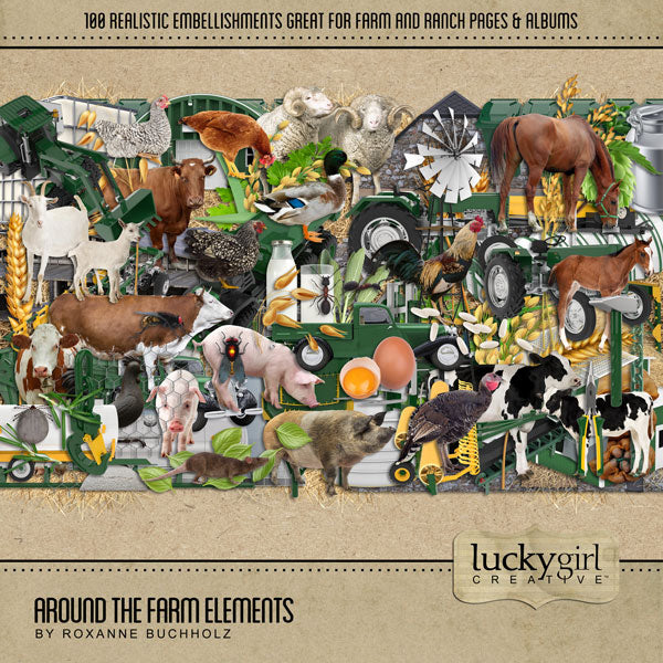 The Around the Farm Elements Kit by Lucky Girl Creative explores life around the farm, barn, fields and garden.  With modern agriculture machinery and tractor equipment, barnyard animals, and other realistic farm and ranch elements, this collection will showcase your farm photos in authentic style. Also great for documenting farm field trip visits, 4H projects, or state and county fairs.