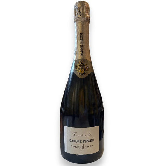 A dark bottle of BARONE PIZZINI ‘GOLF’ FRANCIACORTA from WINE: WINEBOW, featuring a gold foil top, black and gold crest near the neck, and a label reading "Franciacorta Barone Pizzini Golf 1927.