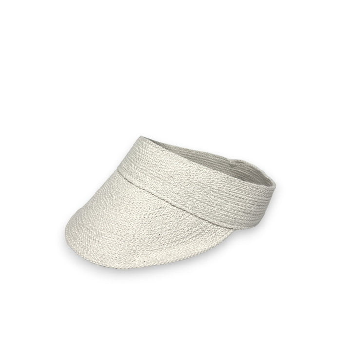 A woman with long, light brown hair wears the BEACH HARE - JUNIE VISOR by BEACH HARE and a mauve sleeveless top, looking to her right against a plain light background. The visor is handmade in NY.