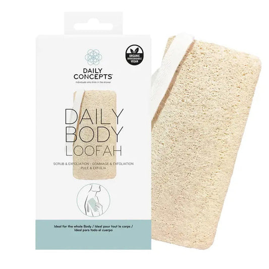 The DAILY CONCEPTS BODY LOOFAH comes in beige packaging, labeled for gentle exfoliation. The box highlights that the biodegradable body loofah is organic and vegan.
