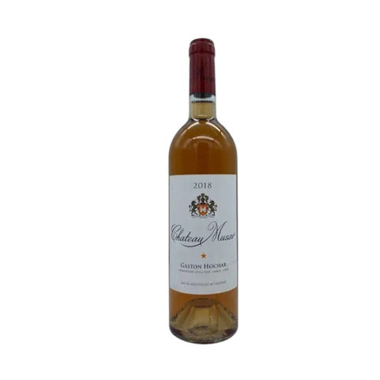 A 2018 Chateau Musar Rosé from the Bekaa Valley, made with Lebanese white grapes, features a crest and red foil top. The label states "Chateau Musar, Gaston Hochar," emphasizing its Lebanese origin. Brand: Winebow.