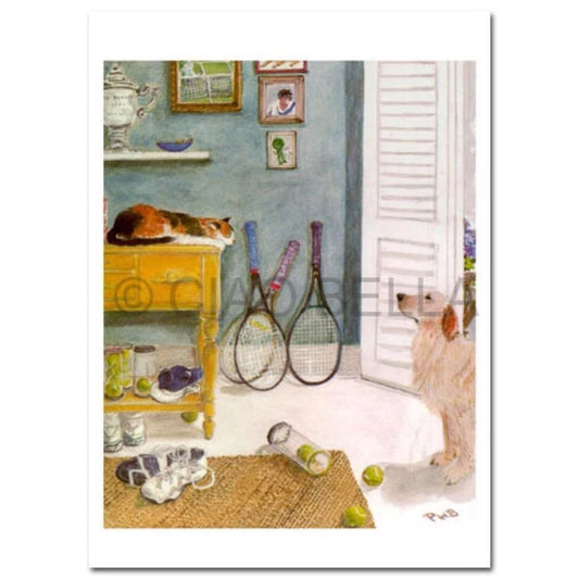 A calico cat naps on a yellow dresser as a dog stands on a woven rug with scattered tennis rackets, shoes, and tennis balls. The CIAO BELLA - DEUCE CARD by CIAO BELLA rests nearby. Photos hang near an open white shuttered door.