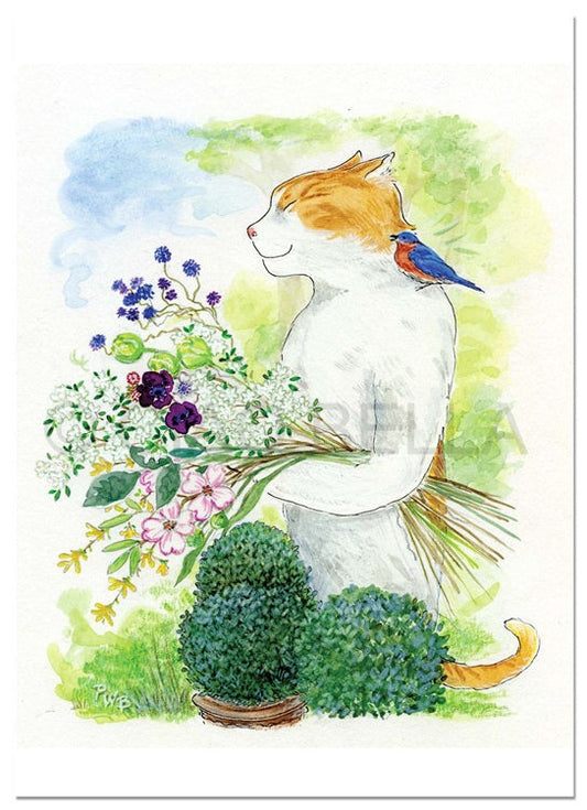 The CIAO BELLA - SOMETHING IN THE AIR CARD features a watercolor cat holding flowers next to a shrub, with a blank note card, envelope, and a small bird on its back against a green-blue background with clouds and foliage.