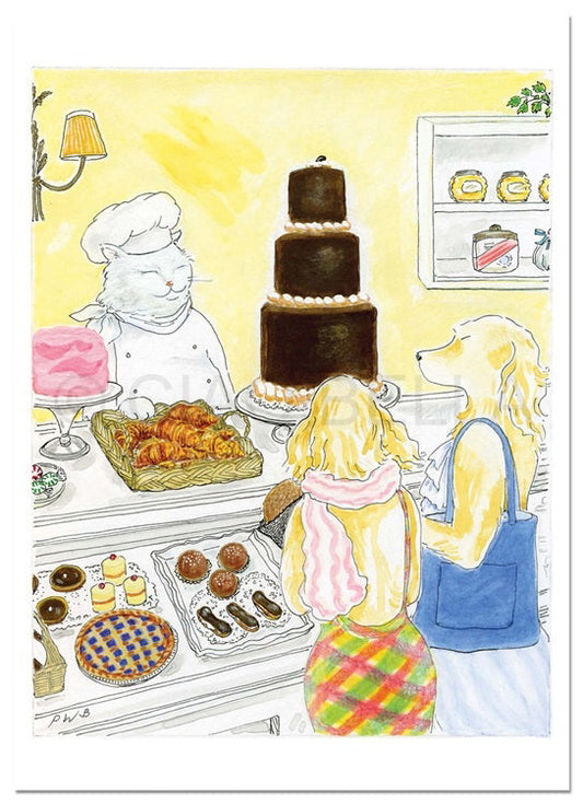 A white cat chef stands behind a pastry counter as two dogs—one with a blue bag, the other in a pink scarf—admire cakes and croissants. A CIAO BELLA - VALRHONA CARD rests beside the tall chocolate cake in the bright bakery.