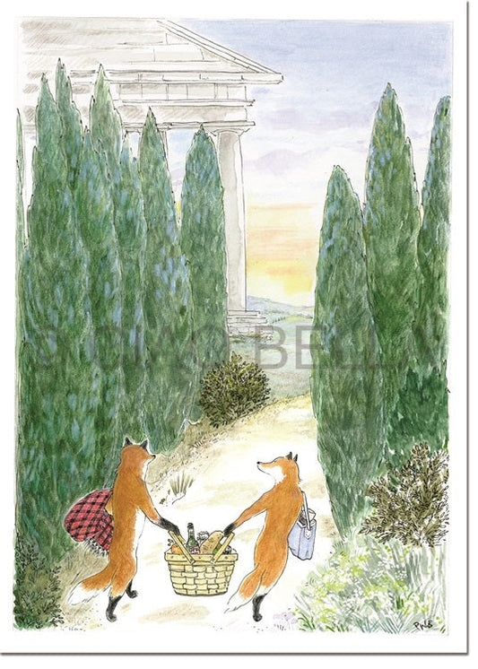 Two upright foxes carry a picnic basket and a blank CIAO BELLA - VIA ANTICA CARD along a sunlit path with tall green trees, heading toward a classical stone building under a scenic sky with distant hills. Brand: CIAO BELLA.