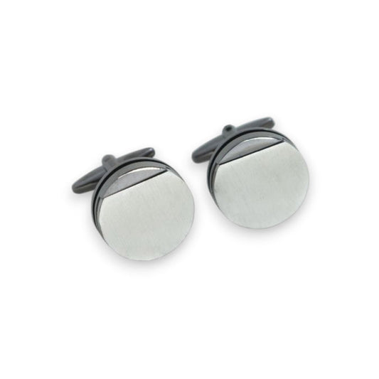 A pair of BEYBERK INTERNATIONAL CUFFLINKS - RHODIUM PLATED GUNMETAL, round with a brushed finish and sleek horizontal accent near the top, displayed against a white background.