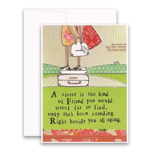 The CURLY GIRL DESIGNS - SISTER CARD by CURLY GIRL DESIGN, INC features a woman on stacked suitcases with the message: "A sister is the kind of friend you would travel far to find, only she's been standing right beside you all along.