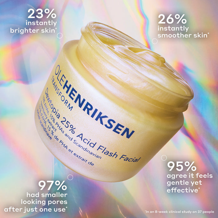 A stylized image of Dewtopia 25% Acid Flash Facial Mask  with claims in the corners of the image. Reads: 23% instantly brighter skin!, 26% instantly smoother skin!, 97% had smaller looking pores after just one use*, 95% agree it feels gentle yet effective*. *In an 8-week clinical stufy on 37 people.