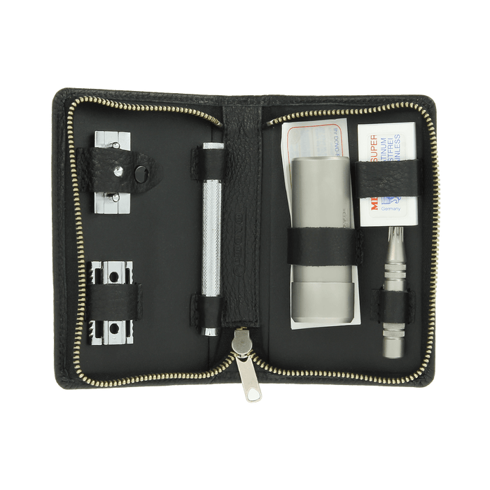 Dovo Double Edge Razor & Brush Set in Black Leather Zip Case 554016