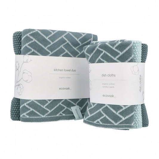 Ecovask Kitchen Tea Towel & Dish Cloth Bundle - Sea Foam Herringbone