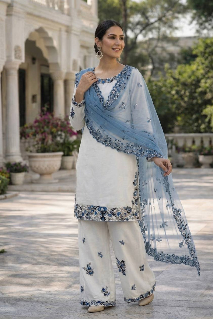 Elegance in Blue Floral Embroidery