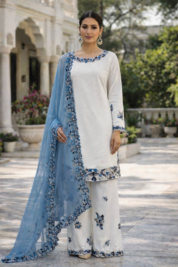 Elegance in Blue Floral Embroidery