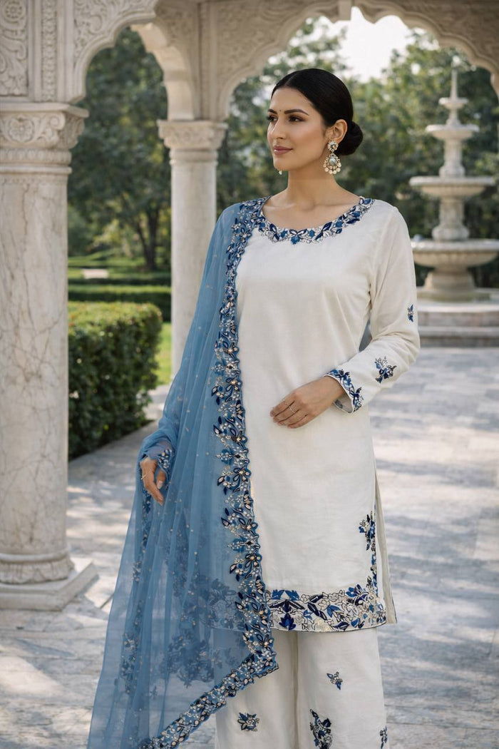 Elegance in Blue Floral Embroidery