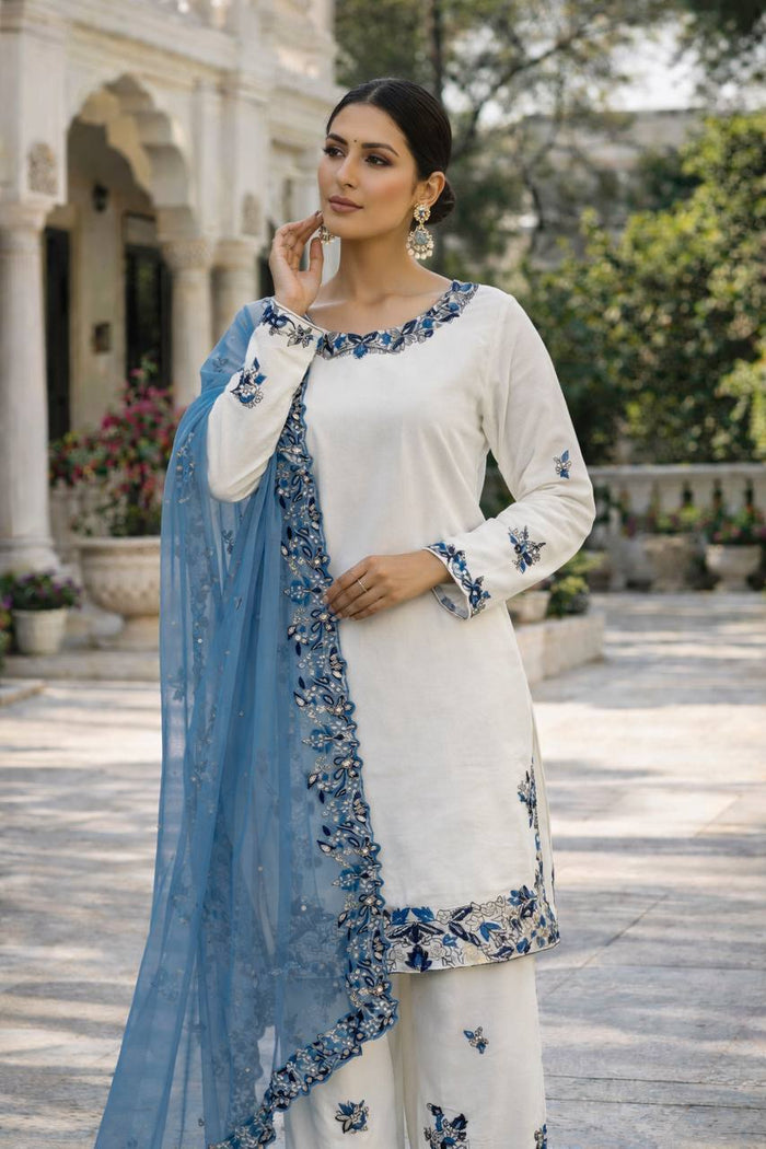 Elegance in Blue Floral Embroidery