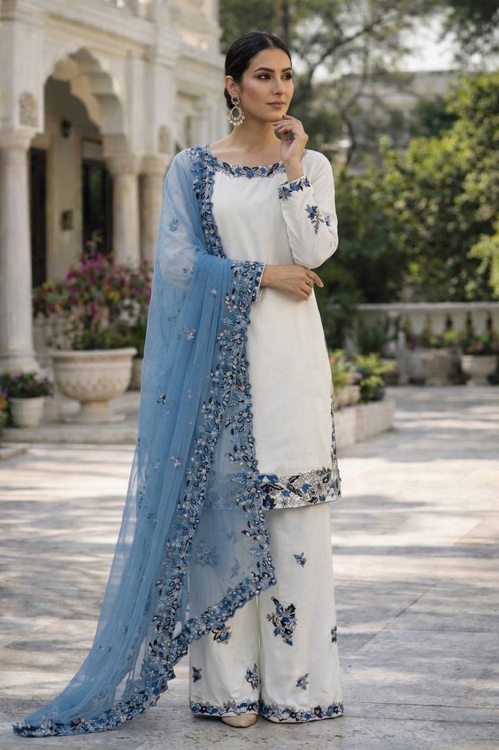 Elegance in Blue Floral Embroidery