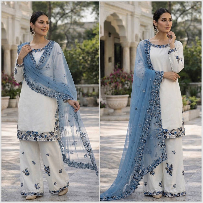 Elegance in Blue Floral Embroidery