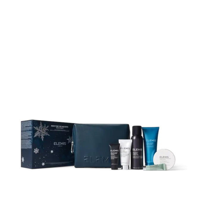 The ELEMIS - AWAY FOR THE HOLIDAYS MENS SKINCARE COLLECTION KIT by ELEMIS - STEINER features travel-sized men’s skincare essentials in front of a snowflake-themed dark blue box, ideal as a compact grooming kit.