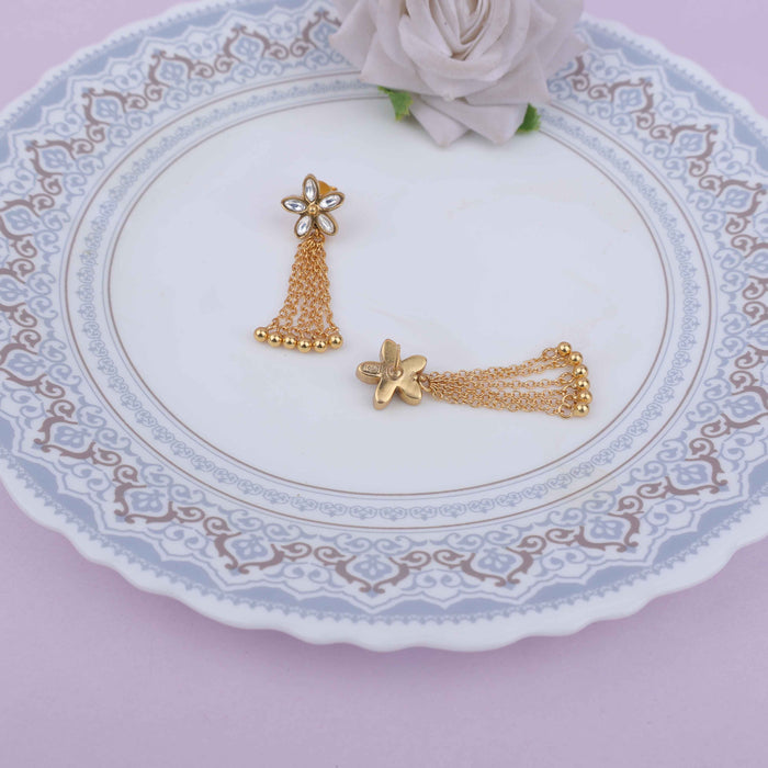 Essence Kundan Flower Chain Drop Gold Plated Earring