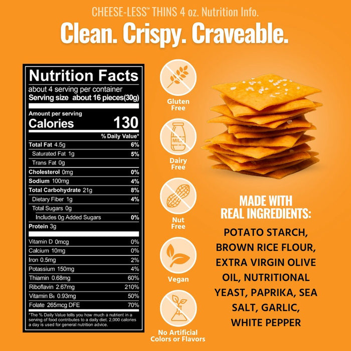 A bag of EVERY BODY EAT - CHEESE-LESS SNACK THINS, showing a stack of square crackers on the front. The packaging emphasizes that these gluten-free thins are baked—not fried—and displays ingredients and dietary features at the bottom, making them an ideal allergy-friendly snack option.