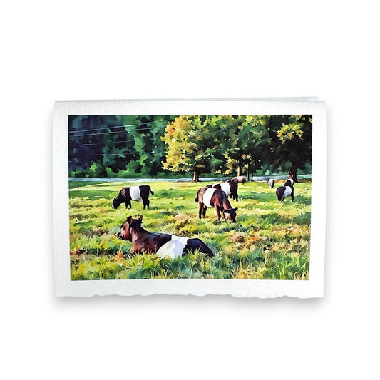 The FEARRINGTON SIGNATURE COLLECTION "LAZY DAYS" watercolor greeting card by PICTURE SALON features black and white cows relaxing in a sunlit green field—perfect for premium stationery or watercolor-themed messages.
