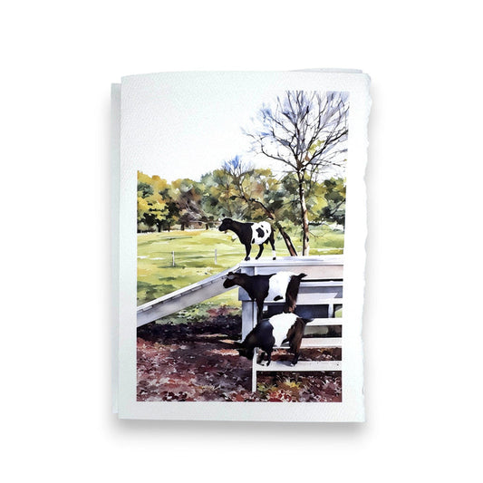 The FEARRINGTON SIGNATURE COLLECTION - WATERCOLOR GREETING CARD "STEP IT UP" by PICTURE SALON features two black and white goats on a wooden ramp in a grassy outdoor scene—perfect for capturing the charm of village life.