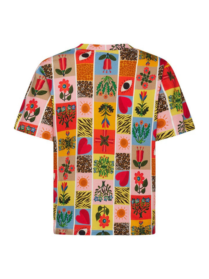 The FRANCO FERRARI PRINT COTTON T-SHIRT combines artistic flair with a colorful geometric star pattern in white, teal, orange, and blue on an orange background, making it ideal for elevated casual wear.