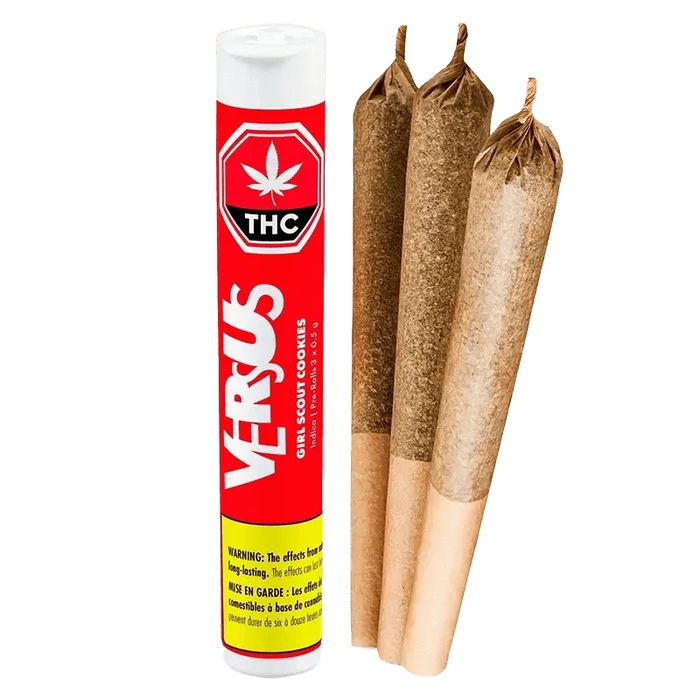 Girl Scout Cookies Pre Rolled 3 x 0.5 g packaging in a close-up, angled shot highlighting the brand’s text and color scheme.