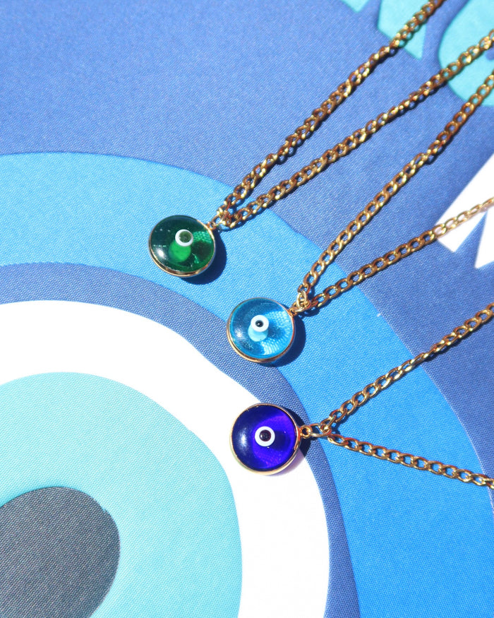 Glass evil eye pendant necklaces with gold chains made in Greece, Greek mati jewelry