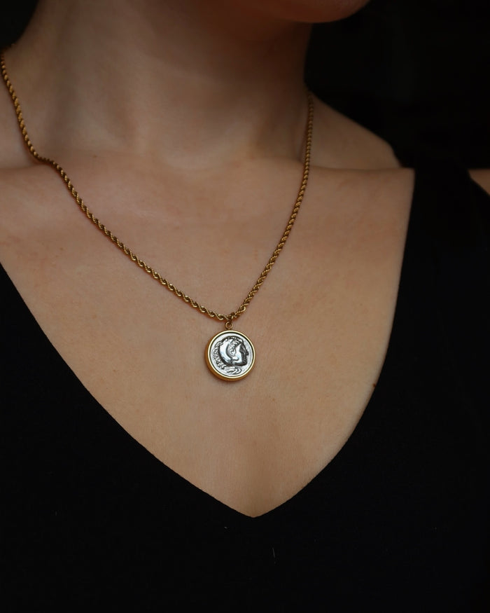 Ancient greek coin necklace with Heracles (Hercules) on one side and Greek God Zeus on the other side from Greek mythology. Gold rope chain with silver ancient coin pendant. Made in Greece, Greek jewelry