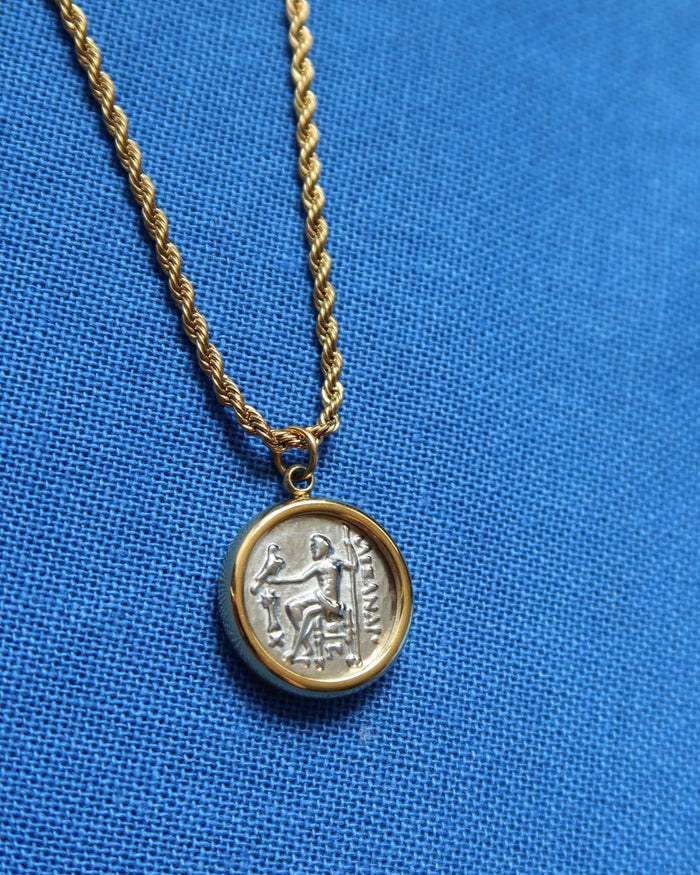 Ancient greek coin necklace with Heracles (Hercules) on one side and Greek God Zeus on the other side from Greek mythology. Gold rope chain with silver ancient coin pendant. Made in Greece, Greek jewelry