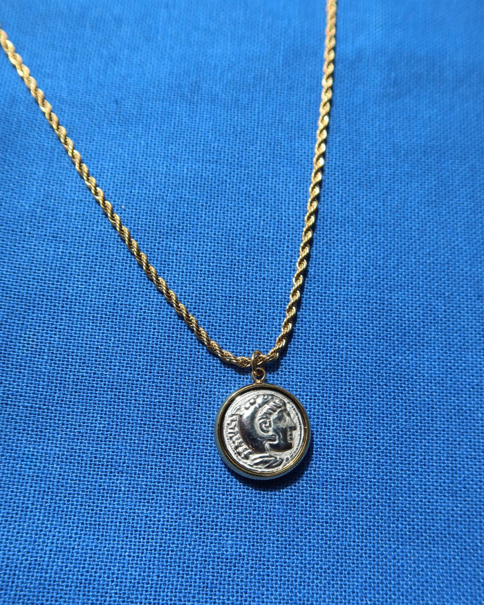 Ancient greek coin necklace with Heracles (Hercules) on one side and Greek God Zeus on the other side from Greek mythology. Gold rope chain with silver ancient coin pendant. Made in Greece, Greek jewelry