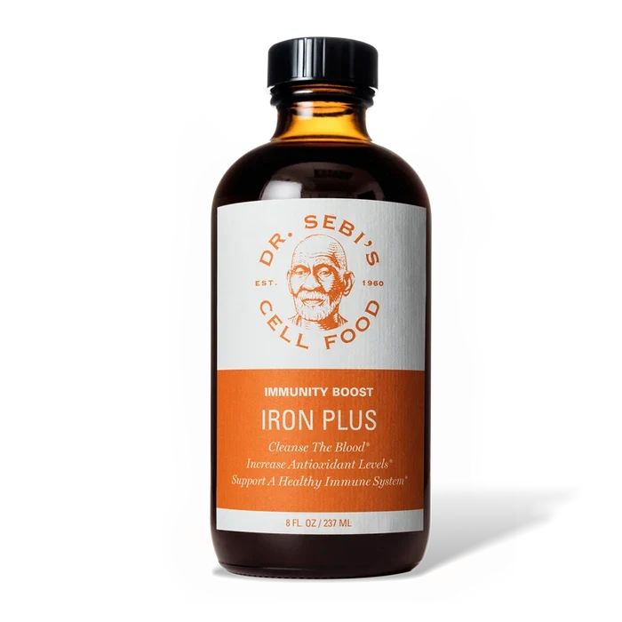 Dr. Sebi's Iron Plus Immunity Boost herbal supplement bottle, 8 fl oz, with orange label on amber glass.