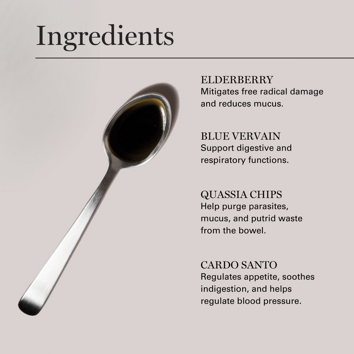 Ingredients list for Dr. Sebi herbal remedy featuring elderberry, blue vervain, quassia chips, and cardo santo with their ...
