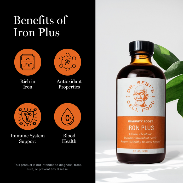 Dr. Sebi's Iron Plus bottle with benefits icons highlighting iron content, antioxidants, immune support, and blood health.