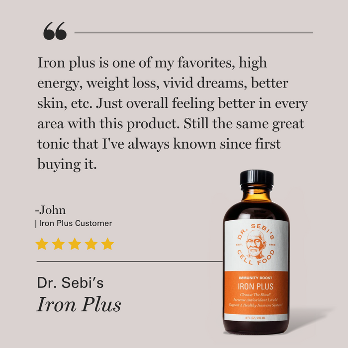 Five-star customer review for Dr. Sebi's Iron Plus tonic with testimonial and amber glass bottle.